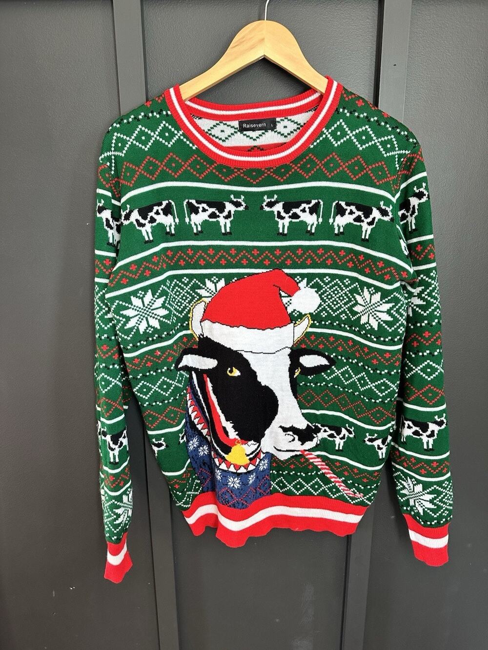 Red & Green Cow Ugly Christmas Sweater - Unisex Adults Large Knit